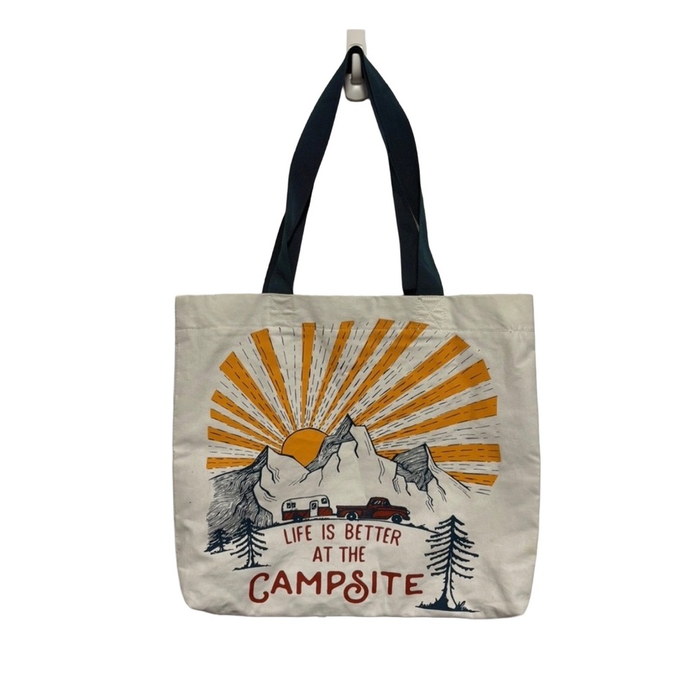 Canvas 'Life Is Better at the Campsite' Tote Bag - White with Orange Sunburst
